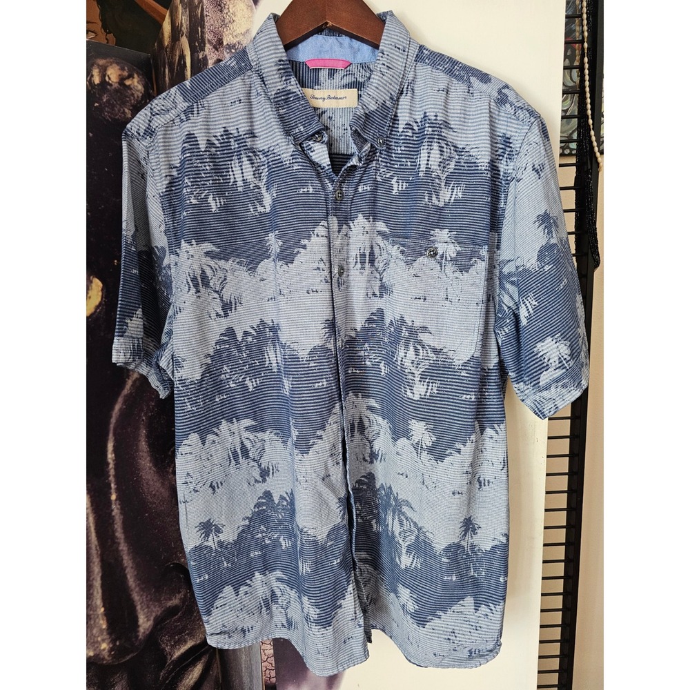 Tommy Bahama Mens Blue White Pixel Palm Tree Short Sleeve Tropical Shirt XL - Picture 8 of 9
